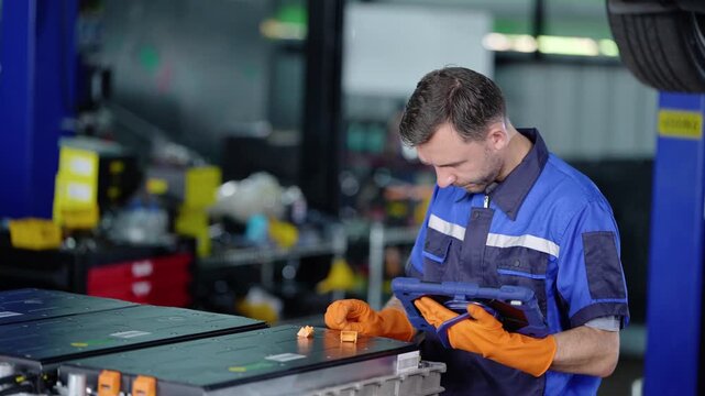 Technician in a blue work shirt and orange gloves taps a rugged tablet while checking the orange connectors on an EV battery pack, under a raised car on a two post lift