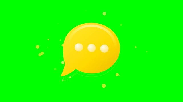 Looping 4K motion graphic animation of a yellow chat speech bubble popping, floating, and pulsating with animated typing indicator dots on a solid green screen background.