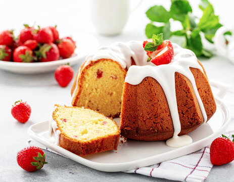 Fresh strawberries with a vanilla bunt cake, cream cheese glaze. AI