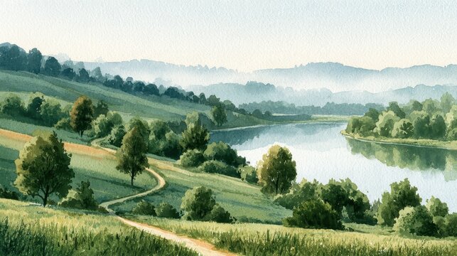 Pastel-toned watercolor landscape featuring woodland and horizon