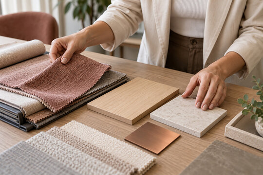 Interior designer compares fabric, wood, and stone samples on a table