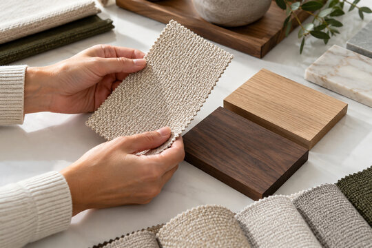 Hands compare a woven fabric swatch with wood samples on a design table