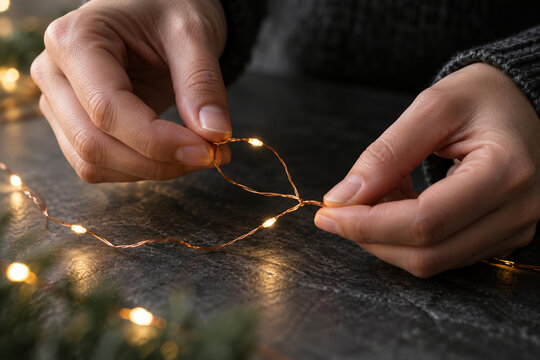 Hands arrange a glowing copper wire light string on a dark stone surface