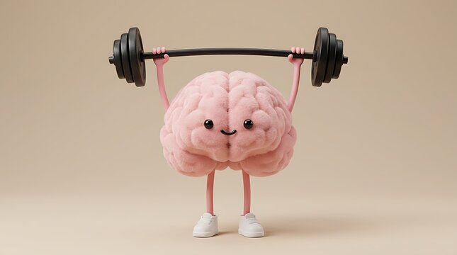 Strong brain lifting weights, a cute pink cartoon brain character exercising for mental health and cognitive strength. Brain power concept, intelligence and memory development, a healthy mind.