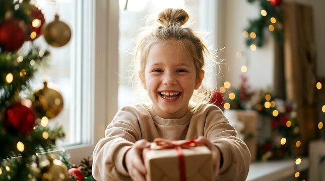 Joyful Girl Offering Christmas Gift Box Indoors, Happy Child Holding Wrapped Present Near Decorated Tree, Festive Holiday Celebration Scene