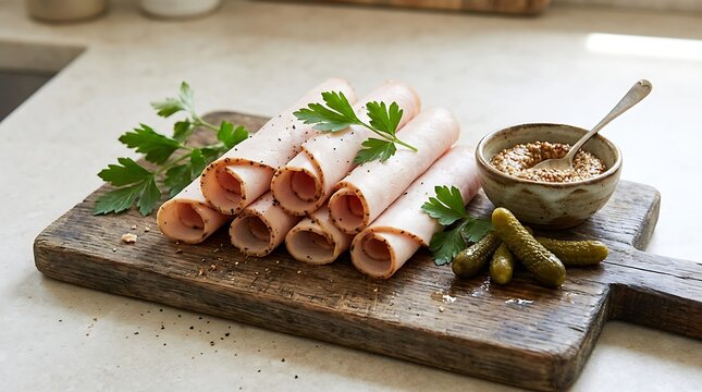 Delicate thinly sliced turkey breast deli meat, a healthy protein snack. Rolled turkey slices with fresh parsley, whole grain mustard, and gherkin pickles on a rustic wooden board