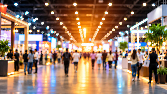 Blurry convention hall interior with crowds of people walking down aisle under warm overhead lighting