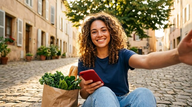 Smiling young woman taking selfie on cobblestone street, happy girl with groceries holding smartphone outdoors, casual European travel vacation lifestyle