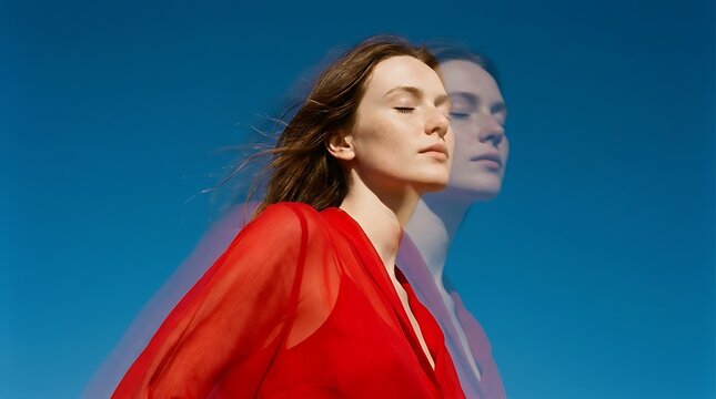 Double exposure portrait of serene woman in red dress, conceptual mental health visual, peaceful female fashion portrait against clear blue sky