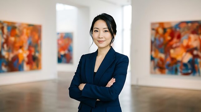 Asian art curator in modern gallery standing with arms crossed, professional gallery owner posing in bright exhibition space
