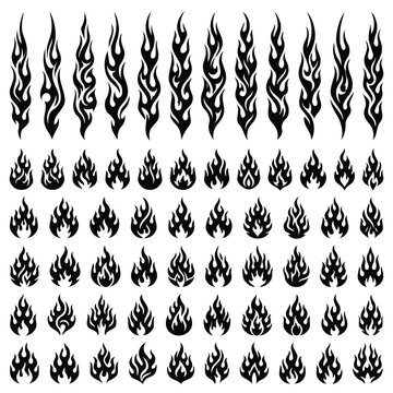 Tribal flame design sheet with black silhouettes on white background