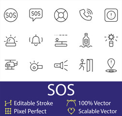 SOS Emergency Line Icon Set, Distress Signal Help Message Lifebuoy Emergency Call Panic Button Siren Alarm Bell Morse Code Rescue Helicopter Editable Stroke Vector Icons © KOSAKA-ICONS