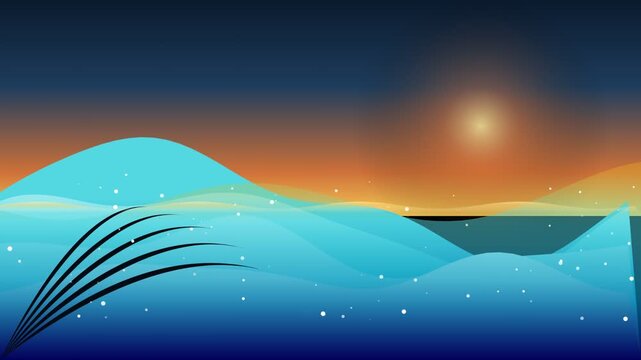 Abstract vector landscape featuring glowing sun over tranquil blue waves and dark silhouettes of grass