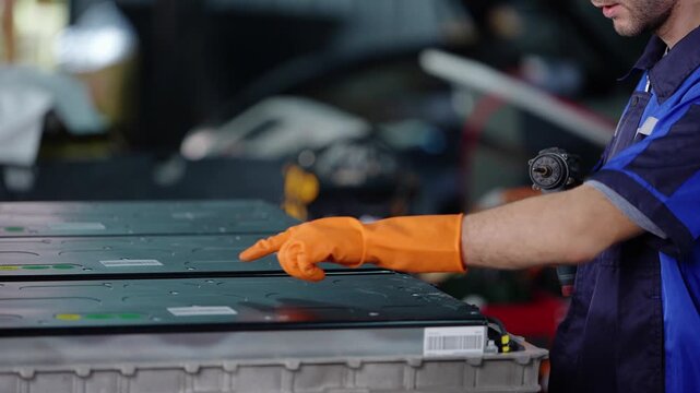 Technician in a blue work shirt holds a cordless drill, points to a spot on the EV battery module cover, then bends in and drives the screw home with a gloved hand