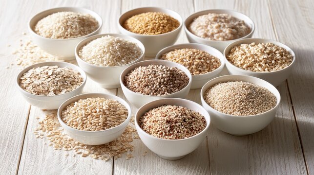 Selection of rice, oats, buckwheat, bulgur, barley, quinoa, and amaranth in neat bowls