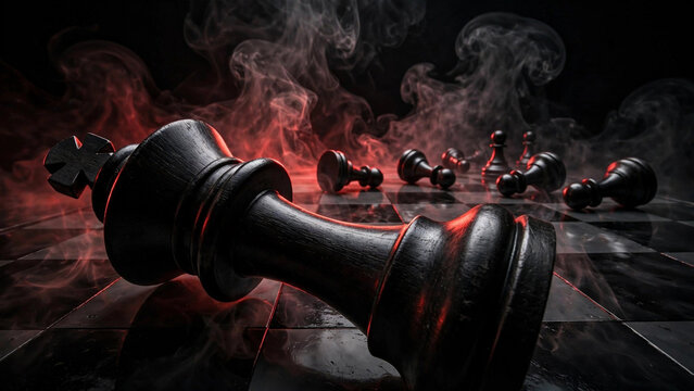 Fallen Black Chess King Among Pawns on a Dark Board With Red Light and Smoke, Dark Psychology Concept of Power, Strategy and Downfall