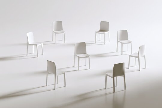 Photorealistic 3D render of white chairs in a stark white environment, emphasizing minimalism and spatial calm