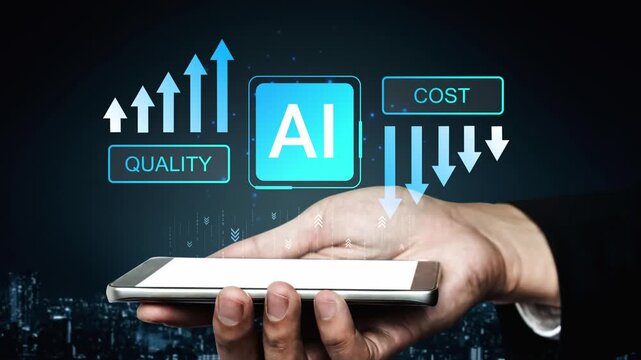 Hand Holding Smartphone with AI Concept Display Showing Quality and Cost Trends in Business Innovation and Technology Integration for Digital Transformation Gluon.