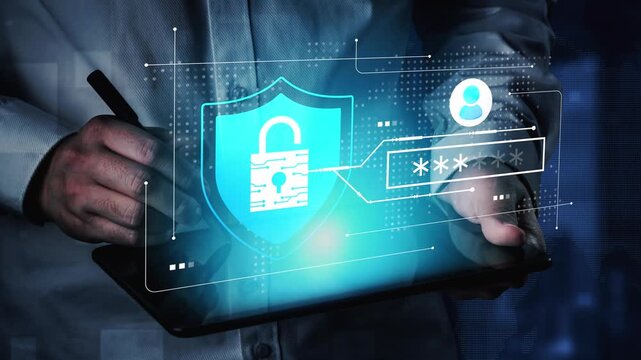 Hands using tablet with digital security symbols, padlock, user icon, and password input for online safety and cybersecurity concepts in modern technology Gluon.