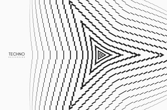Abstract lines form a dynamic pattern. Triangles radiate inward in precise, repeating thin stripes. Geometry with structure, focus, and technological flow. A tunnel of optical illusion. Vector.