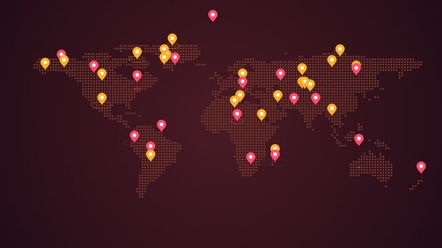 Global network expansion visualized with growing pins on a dotted world map over time