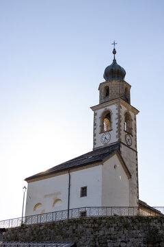 View of San Lorenzo parish church with bell tower in Sauris di Sotto Friuli
