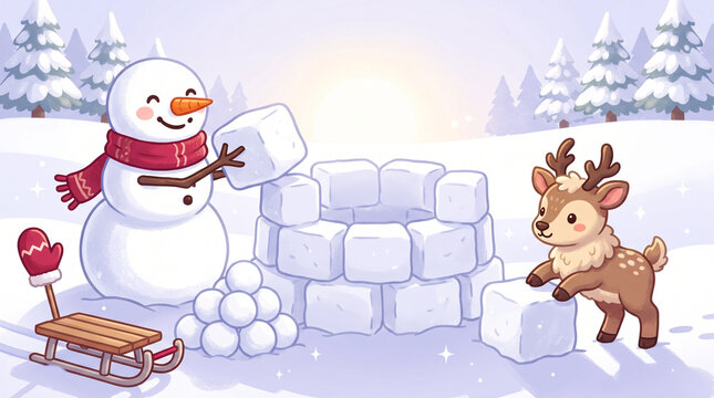 Cheerful snowman and a cute young deer building an igloo of snow blocks in a snowy winter field with pine trees, happy holiday illustration with copy space