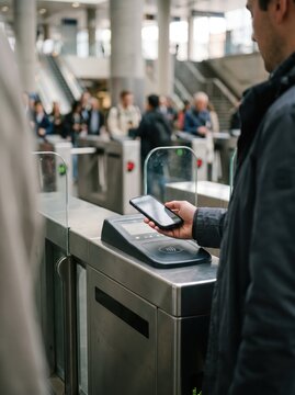Commuter tapping smartphone at contactless transit fare gate. Mobile ticketing and digital payment at station turnstile. Public transportation access. Contactless technology and urban