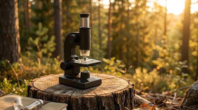 Modern black microscope stands on wooden tree stump inside sunny autumn forest during sunset golden hour illumination