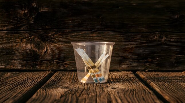 Plastic cup containing chemical test strips on dark wooden surface
