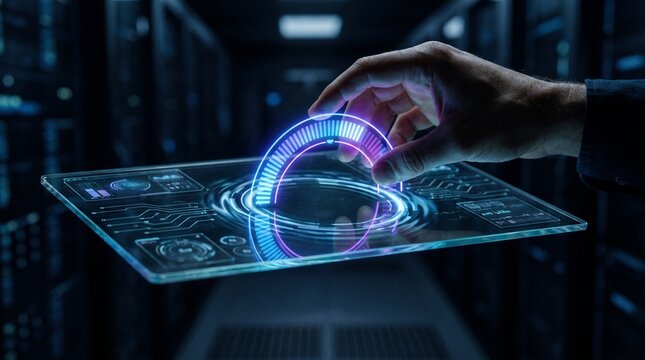 Futuristic technology interface operated by professional human hand interacting with glowing holographic digital control panel inside server room