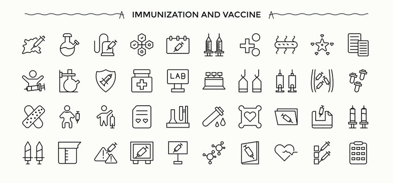 Immunization line icon set. Thin linear style icons. Healthcare simple icon set. Contain linear symbols care, vaccination, immunity, defense, healthcare, protection and more.