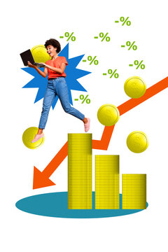 Banner image zine art pop trend collage of happy businesswoman hold laptop inflation crisis percent minus arrow regress dollar coin