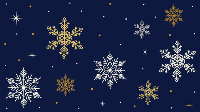Luxury christmas background with gold and white line art snowflakes pattern on dark navy blue background