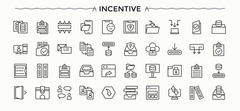 Incentive icon set. Bonus icon set. Includes thin line symbols coupon, benefit, prize, discount, reward, exchange and more. Pixel perfect. Editable vector.
