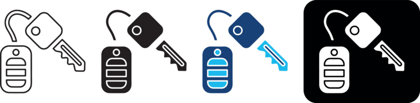 Vector car key and remote control fob icons in four styles depicting security and easy vehicle access on a white background.