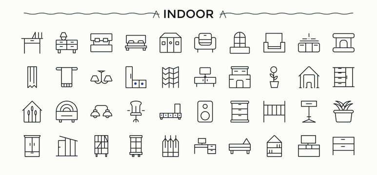 Interior line icon set. Decor modern icon set. Outline icons pack. Contain linear sign house, architecture, decoration, home, desing. Editable vector. Pixel perfect.