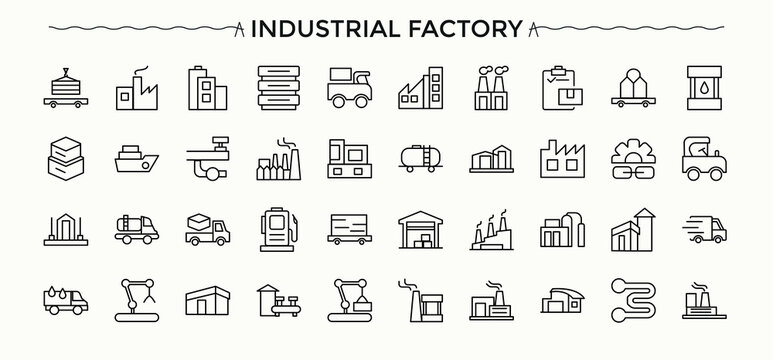 Factory icon set. Vector icons collection. Includes thin line symbols process, machinery, machine, industry. Editable vector. Conveyor icon set.