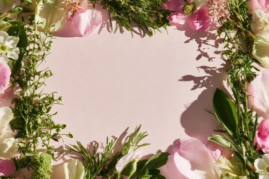 Botanical still life: herbs and flowers framing a pale pink surface