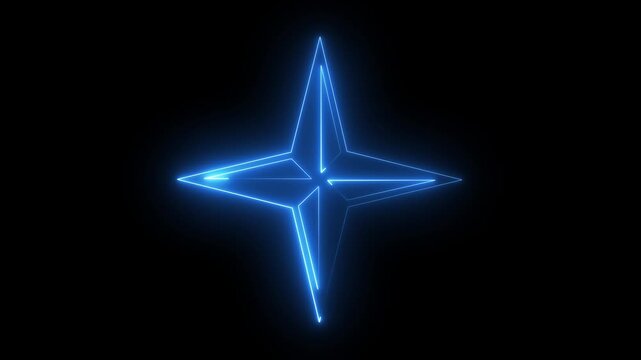 Animated glowing neon 4 point compass star icon with glowing chase light effect. Minimalist north star navigation symbol loop on black background. 4K loopable alpha in motion graphics animation .