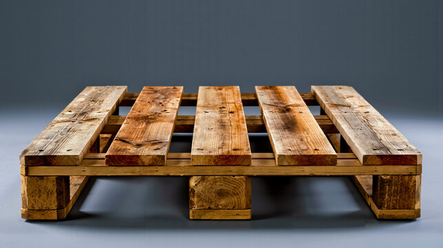 A wooden pallet with a weathered appearance placed on a gray background