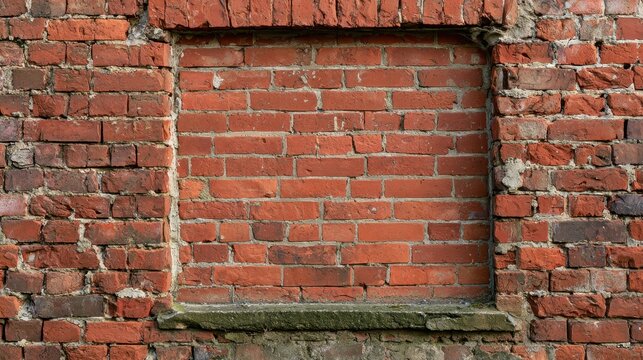 Rugged red brick wall and bricked-in window, vintage urban texture