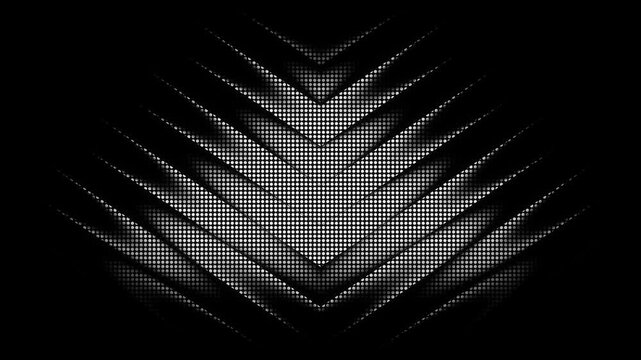 Abstract monochrome halftone chevron pattern with dynamic silver dots on a black background for technology