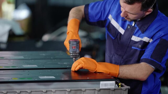 Technician in a blue work shirt leans over a row of EV battery modules and drives screws into the cover with a cordless drill, one gloved hand holding the lid steady