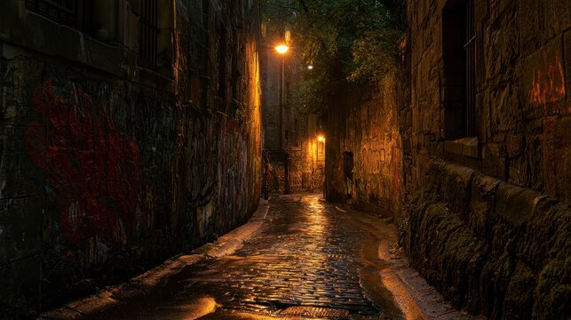 Moody urban passage along historic masonry and graffiti at night
