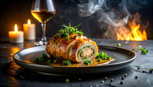 Chicken roulade with aromatic herb stuffing and glossy sauce in fine dining style