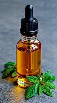 A bottle of honey with a dropper and a few green leaves