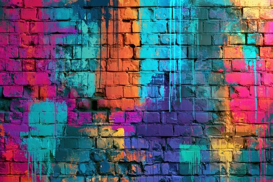 Neon color blocks on a weathered brick wall backdrop