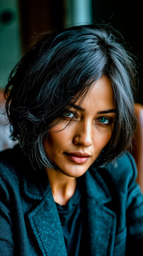 A woman with short dark hair and striking blue eyes wearing a black jacket and looking to the side