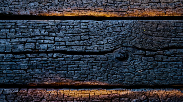 A close-up of a piece of wood with a dark blue and black coloration featuring a crack and a knot with hints of orange and yellow highlighting the wood's texture